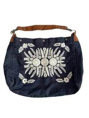 Vintage Lucky Brand Shoulder Bag Denim Embroidered Boho